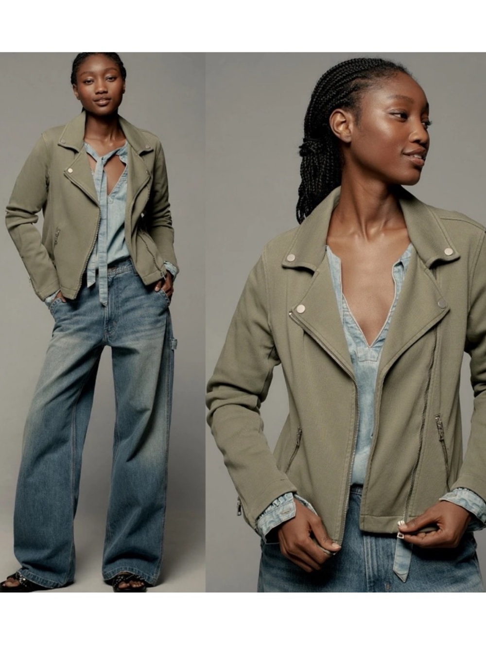 Anthropologie The Saige Olive-Blend Knit Moto Jacket in Soft Green